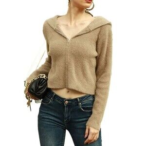 Women's Cropped Full Zip Hooded Cardigan Long Sleeve Soft Knit Size L Biscuit